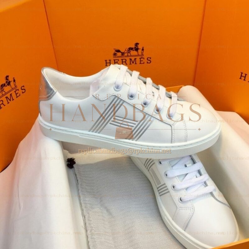 Replica Hermes White Silver Stripe Low Top Sneaker