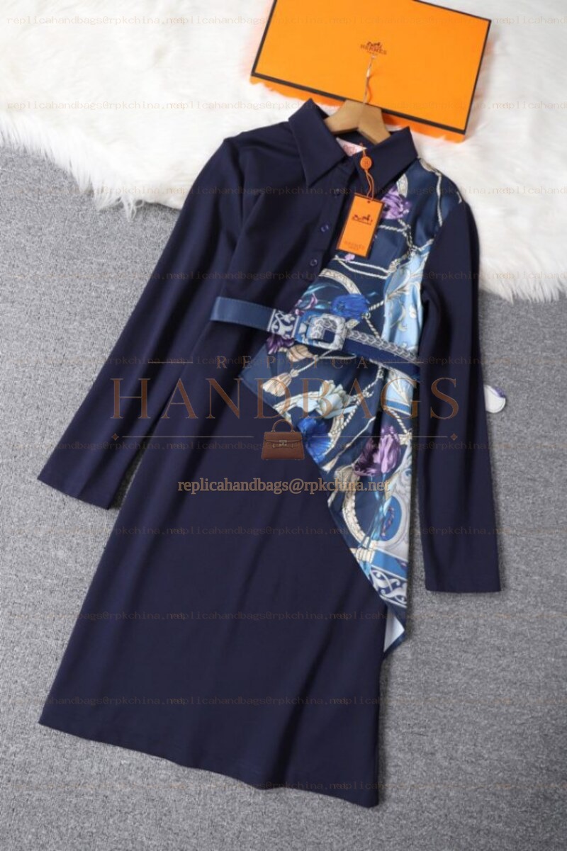Replica Hermes Navy Scarf Panel Dress
