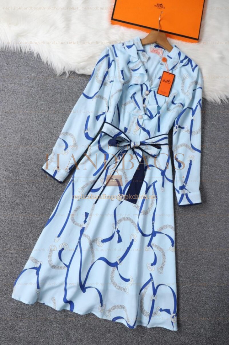 Replica Hermes Light Blue Scarf Print Dress