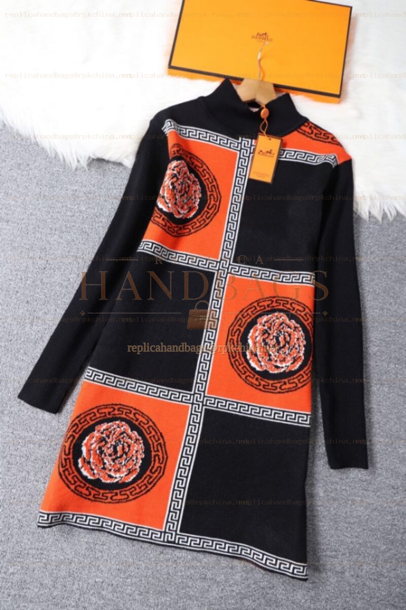 Replica Hermes Black Orange Scarf Print Dress
