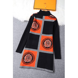 Replica Hermes Black Orange Scarf Print Dress