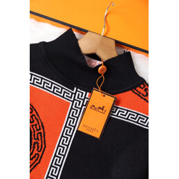 Replica Hermes Black Orange Scarf Print Dress