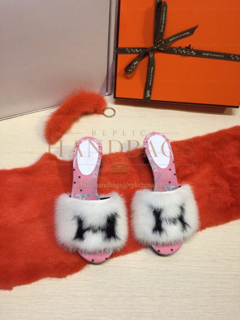 Replica Hermes White Fur H Slide Slipper