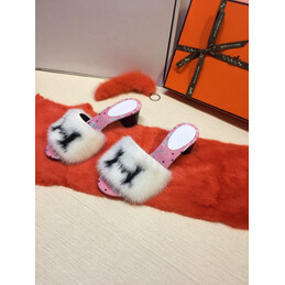 Replica Hermes White Fur H Slide Slipper