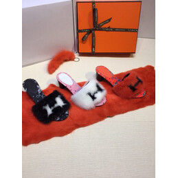 Replica Hermes Navy Fur H Slide Slipper