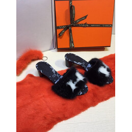 Replica Hermes Navy Fur H Slide Slipper