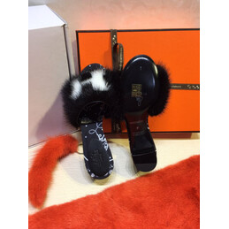 Replica Hermes Navy Fur H Slide Slipper