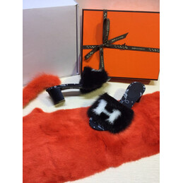 Replica Hermes Navy Fur H Slide Slipper