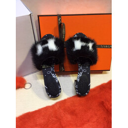 Replica Hermes Navy Fur H Slide Slipper