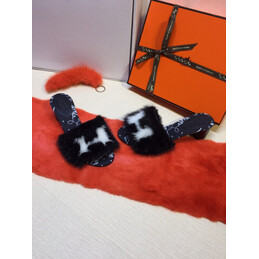 Replica Hermes Navy Fur H Slide Slipper