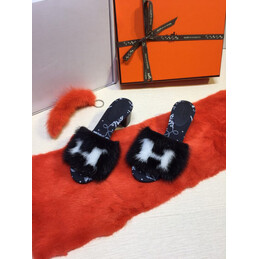 Replica Hermes Navy Fur H Slide Slipper