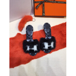 Replica Hermes Navy Fur H Slide Slipper