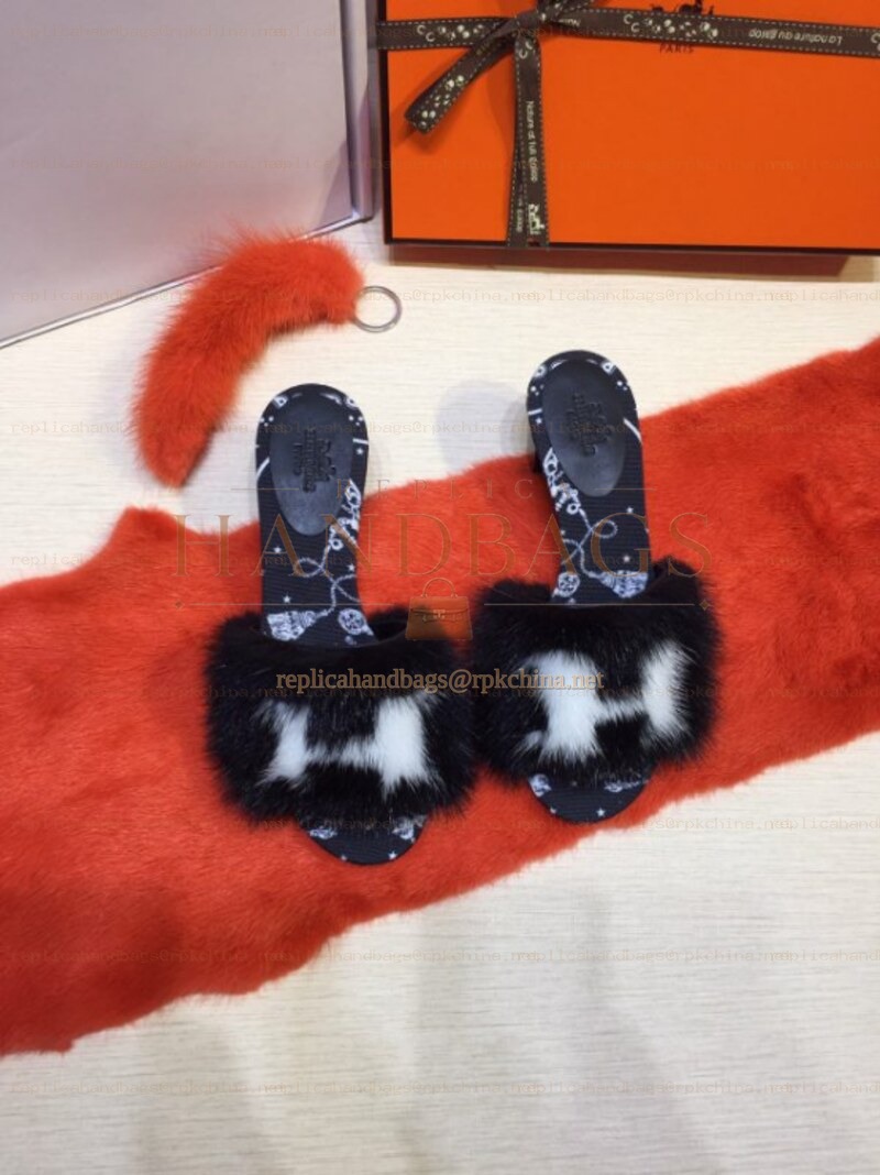 Replica Hermes Navy Fur H Slide Slipper