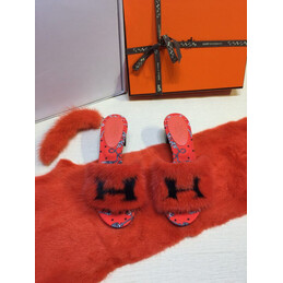 Replica Hermes Coral Fur H Slide Slipper