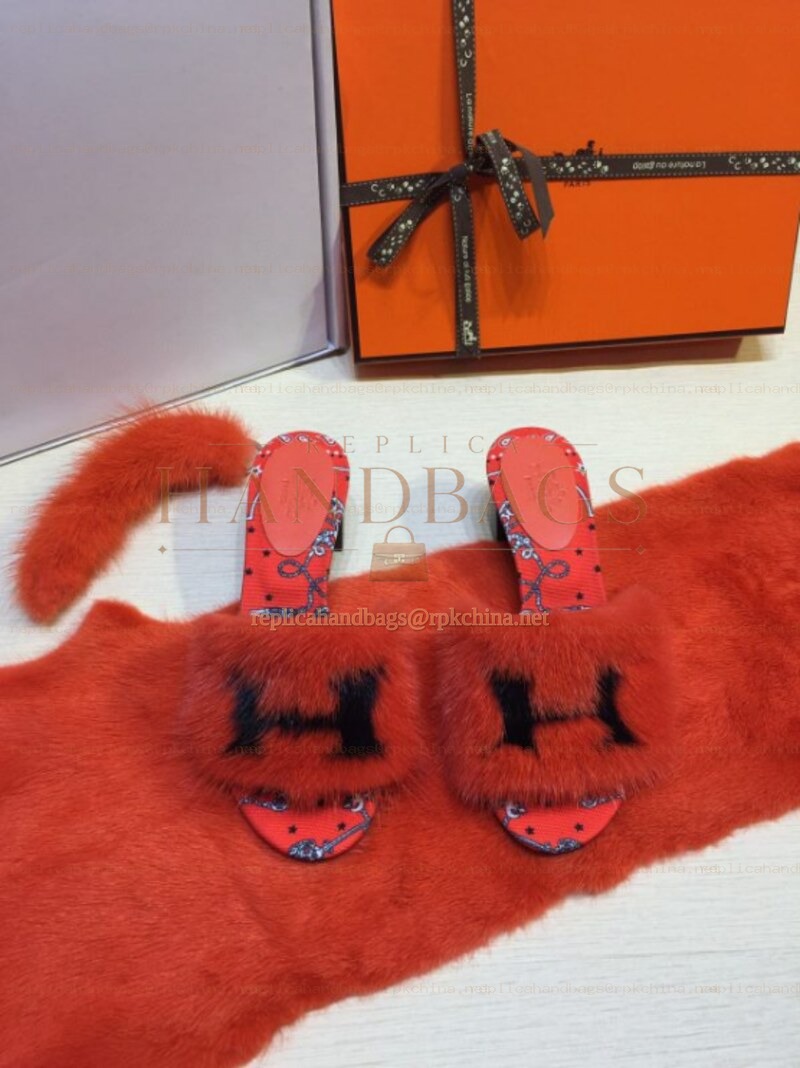 Replica Hermes Coral Fur H Slide Slipper