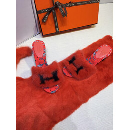Replica Hermes Coral Fur H Slide Slipper