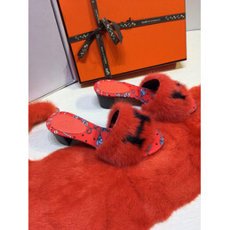 Replica Hermes Coral Fur H Slide Slipper