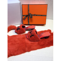 Replica Hermes Coral Fur H Slide Slipper