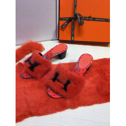 Replica Hermes Coral Fur H Slide Slipper