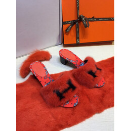 Replica Hermes Coral Fur H Slide Slipper