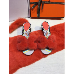 Replica Hermes Red Fur H Slide Slipper