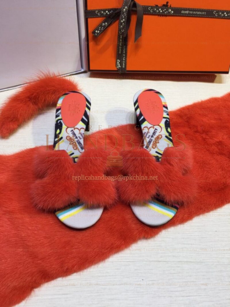 Replica Hermes Red Fur H Slide Slipper