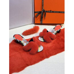 Replica Hermes Red Fur H Slide Slipper