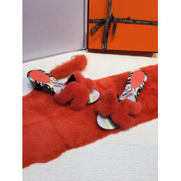 Replica Hermes Red Fur H Slide Slipper