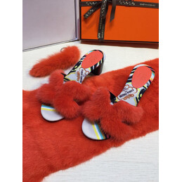 Replica Hermes Red Fur H Slide Slipper