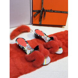 Replica Hermes Red Fur H Slide Slipper