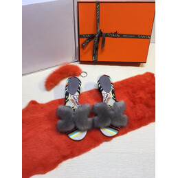 Replica Hermes Gray Fur H Slide Slipper
