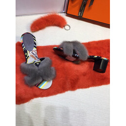 Replica Hermes Gray Fur H Slide Slipper