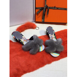 Replica Hermes Gray Fur H Slide Slipper