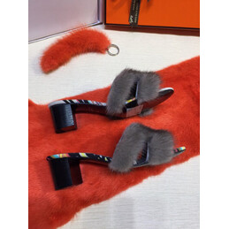 Replica Hermes Gray Fur H Slide Slipper