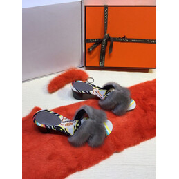 Replica Hermes Gray Fur H Slide Slipper