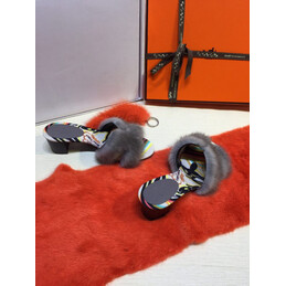 Replica Hermes Gray Fur H Slide Slipper