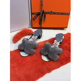 Replica Hermes Gray Fur H Slide Slipper