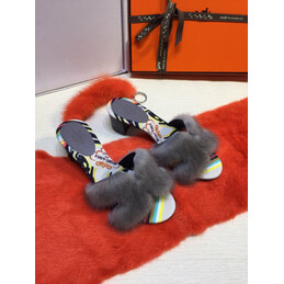 Replica Hermes Gray Fur H Slide Slipper