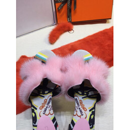 Replica Hermes Pink Fur H Slide Slipper