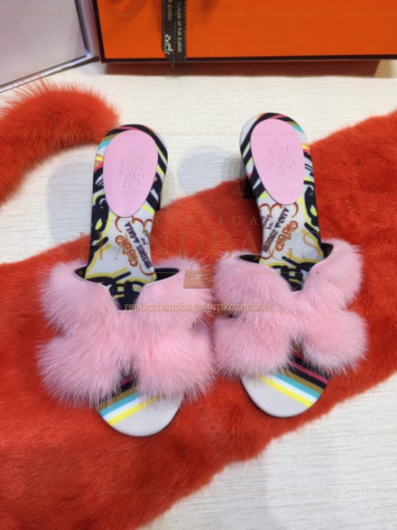 Replica Hermes Pink Fur H Slide Slipper