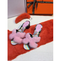 Replica Hermes Pink Fur H Slide Slipper