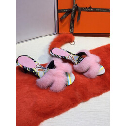 Replica Hermes Pink Fur H Slide Slipper