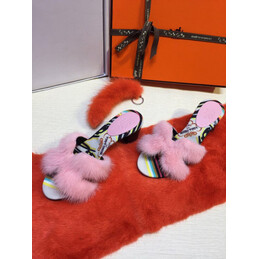 Replica Hermes Pink Fur H Slide Slipper