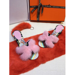 Replica Hermes Pink Fur H Slide Slipper