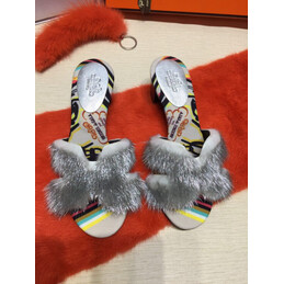 Replica Hermes Gray Floral Fur H Slide Slipper