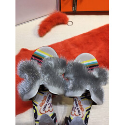 Replica Hermes Gray Floral Fur H Slide Slipper