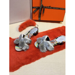 Replica Hermes Gray Floral Fur H Slide Slipper