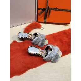Replica Hermes Gray Floral Fur H Slide Slipper