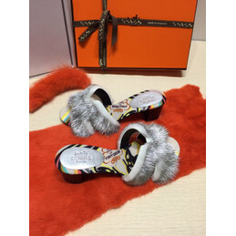 Replica Hermes Gray Floral Fur H Slide Slipper