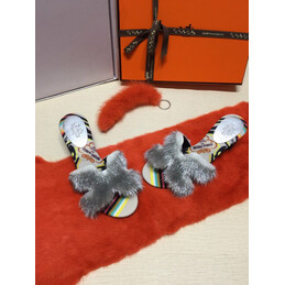 Replica Hermes Gray Floral Fur H Slide Slipper